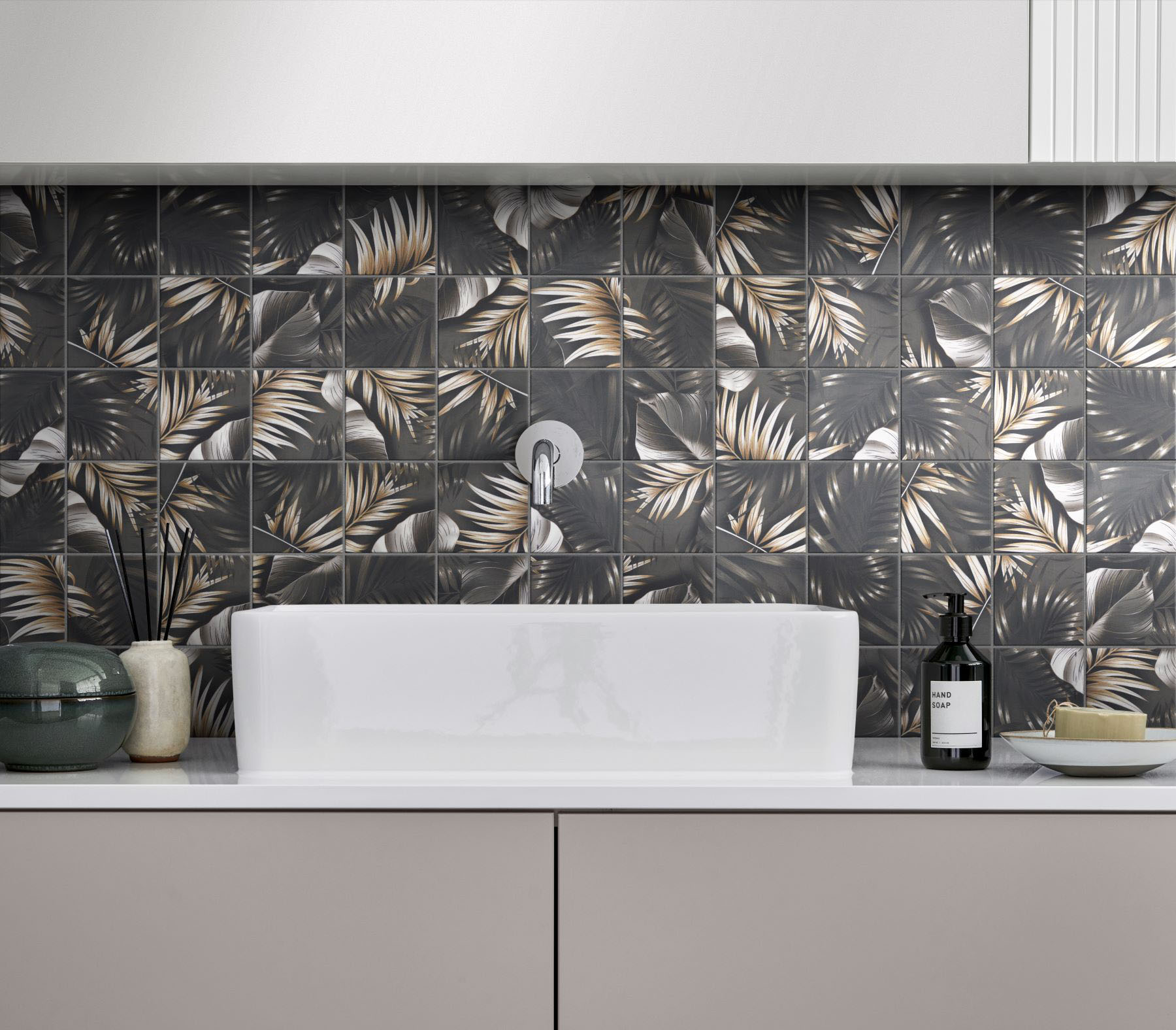 4"x4" Floral Palm Grey Beige Mosaic  | Tiles By Kia