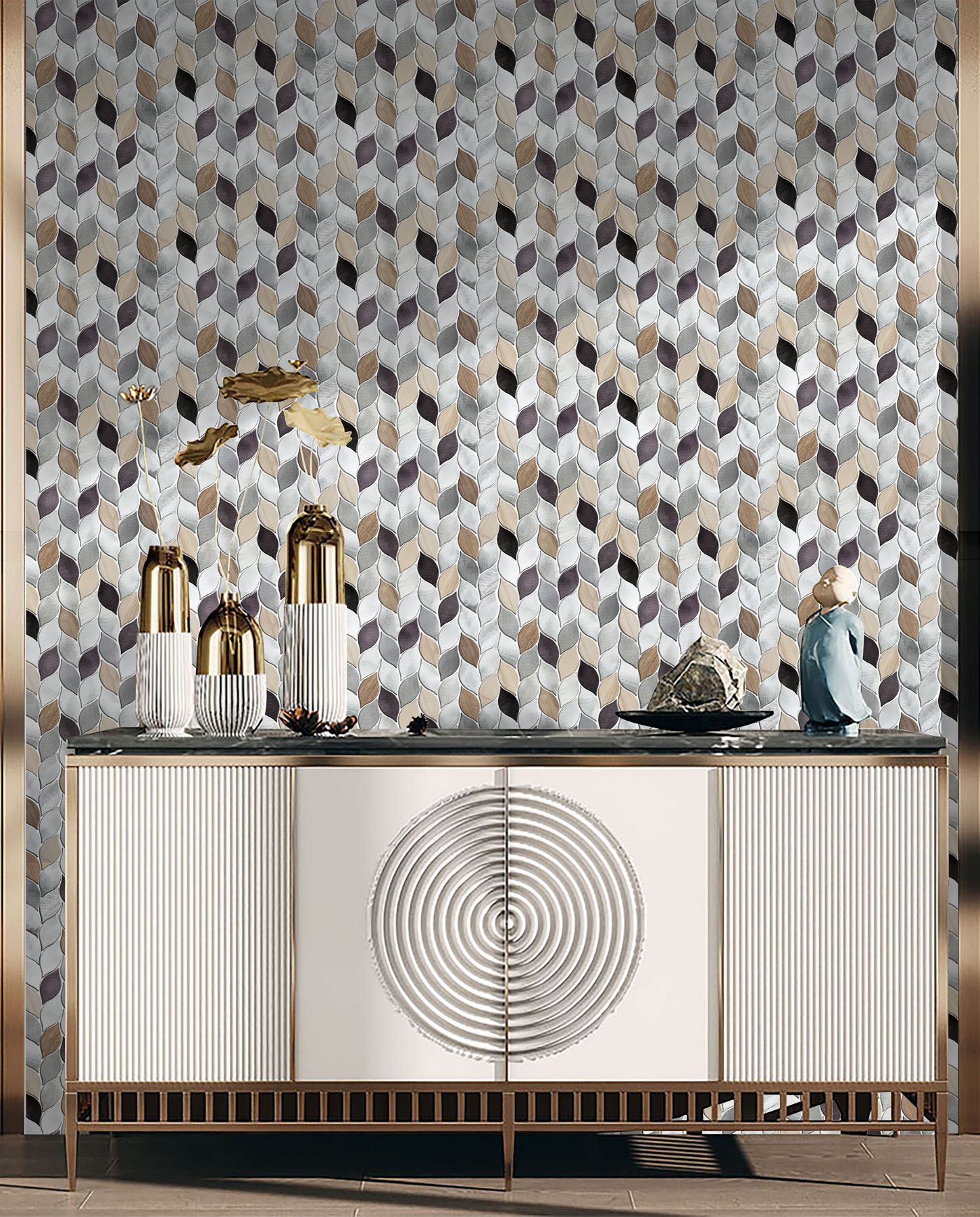 Aluminum & Marble Leaves Silver Grey Brown Mosaic 11 | Tiles By Kia