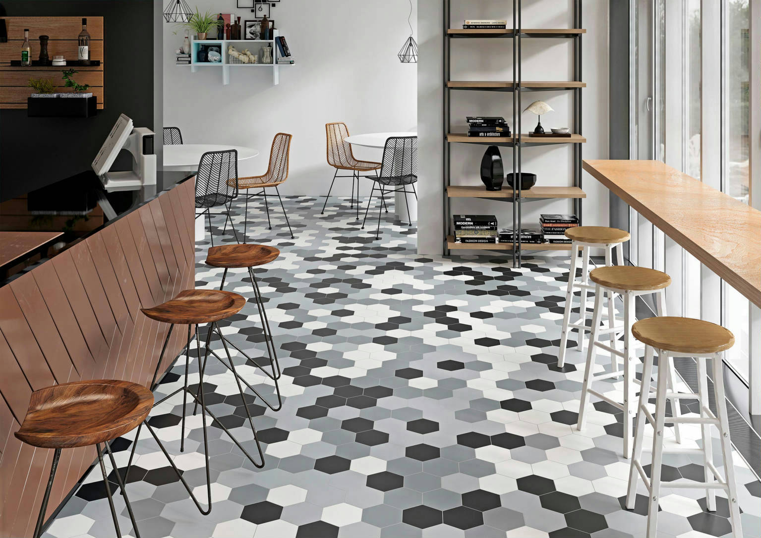Vida 5.5X6.3” Black, Grey, Pearl, and White  Hexagons | Tiles By Kia